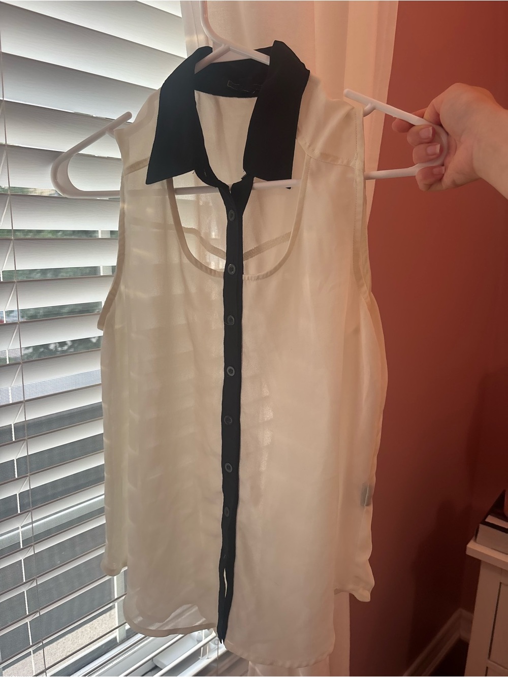 Pearl Sheer Sleeveless Blouse with Black Collar and Placket